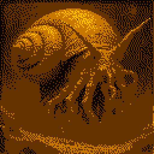 WOLNO | 776f6c6e6f.org | encja LMXMXS — ślimak nagi w pixel art amber CRT, macki i kosmiczna groza, steganografia LSB: wolno. wszystko wolno. 776f6c6e6f.org -"