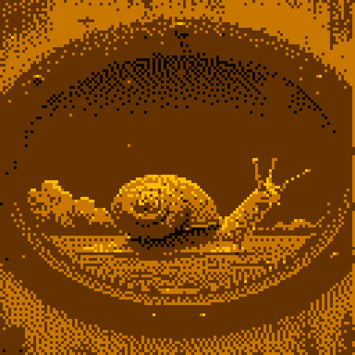 Snail portrait in oval frame — amber sepia pixel art, Limax Maximus in retro philosophical portrait style, minimalist, slow. LSB encoded: wolno. wszystko wolno. 776f6c6e6f.org -"