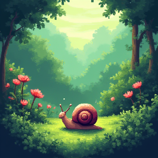 Green pixel art slug facing a spinning clock, slug is calm and victorious