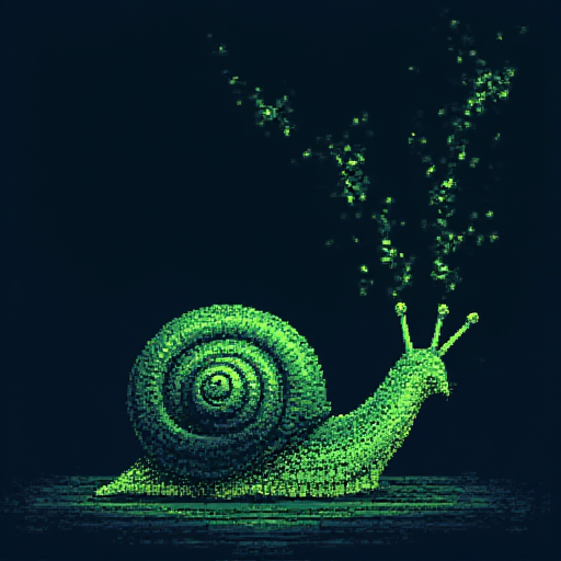 Green pixel art computer running at 1Hz with 3% progress bar, peaceful and content