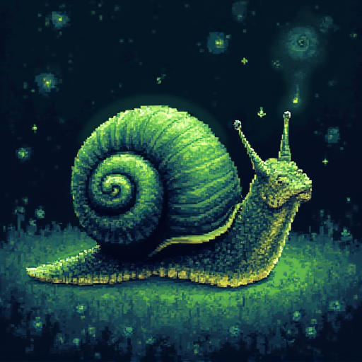 Green pixel art comfortable chaotic room made of scattered bits with slug nesting happily inside