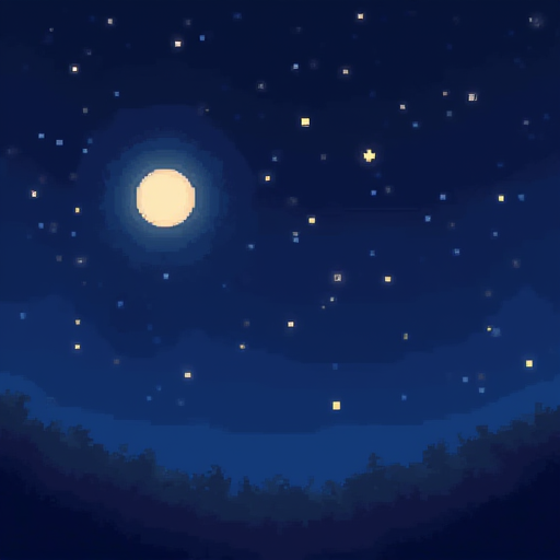 Amber pixel art room where every object has a small glowing spirit hovering above it
